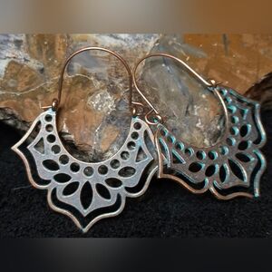 Elegant Bronze & Turquoise Lotus Flower Hoop Earrings